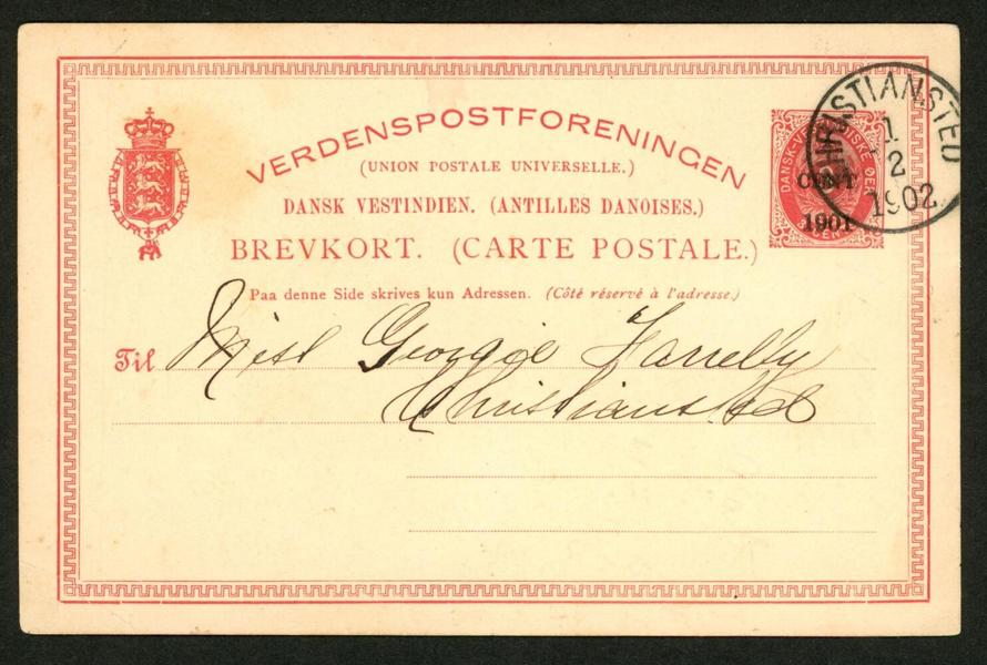 Bk6. Vackert brevkort 1 CENT 1901 på siffertyp, sänt lokalt i CHRISTIANSTED 1.2.1902. F 4000 kr