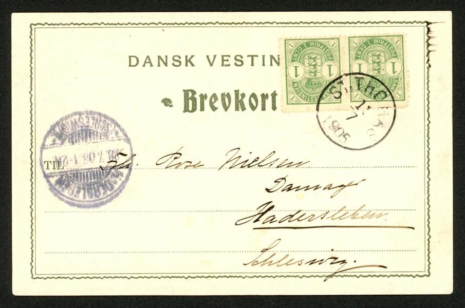 F19, 1 cent vapentyp i par på vackert vykort sänt till Danmark (Schleswig). Stpl ST.THOMAS 15.7.1905