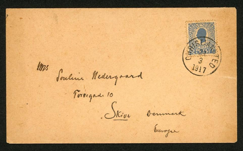 F35. 25 BIT som singelfrankering på brev till Danmark, sänt under övergångsperioden mot amerikanskt styre. CHRISTIANSTED 29.3.1917. Litet riss 1 cm av mindre betydelse.