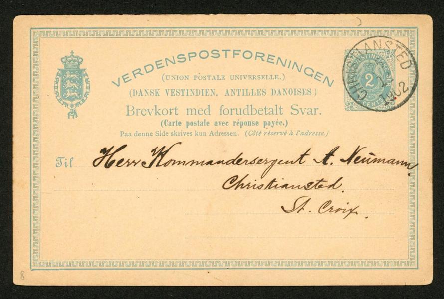 Bkd3B. Enbart svarskort stpl CHRISTIANSTED 25.12.1902. F 2000 kr