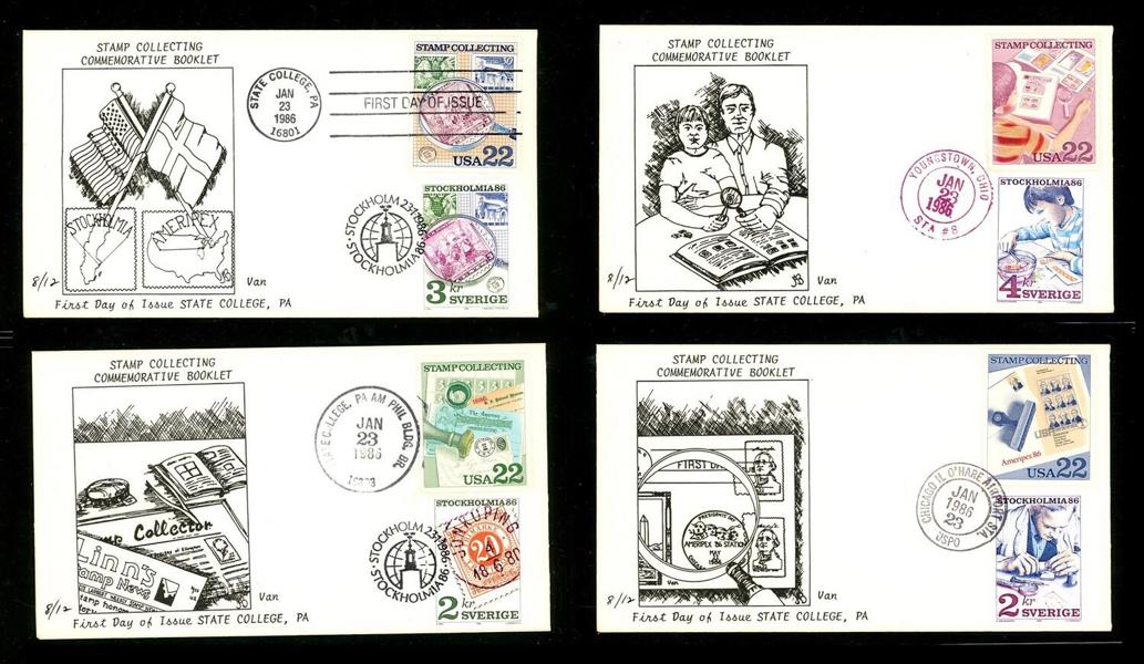 F1389-92. 23.1.86. Lot 4 FDC inkl amerikanska märken med vinjetter enl bild.