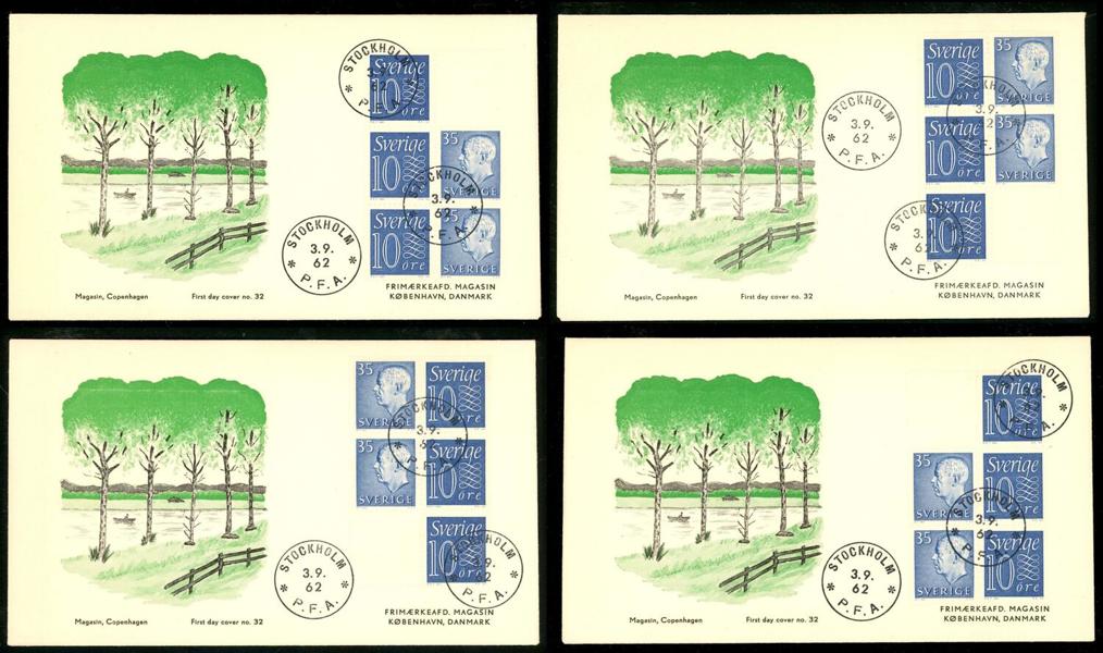 F395, 425 (HA10). 3.9.62. Kpl på fyra FDC. Gyllenspetz V9 (Magasin Copenhagen)