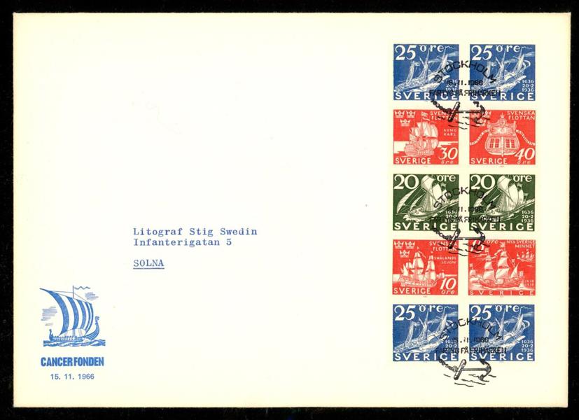 F587-92. 15.11.66. Helt 10-block på stort FDC, vinjett Cancerfonden