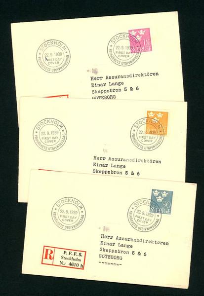 F293 m.fl. 22.9.39. Lot tre FDC utan vinjett, Tre Kronor.