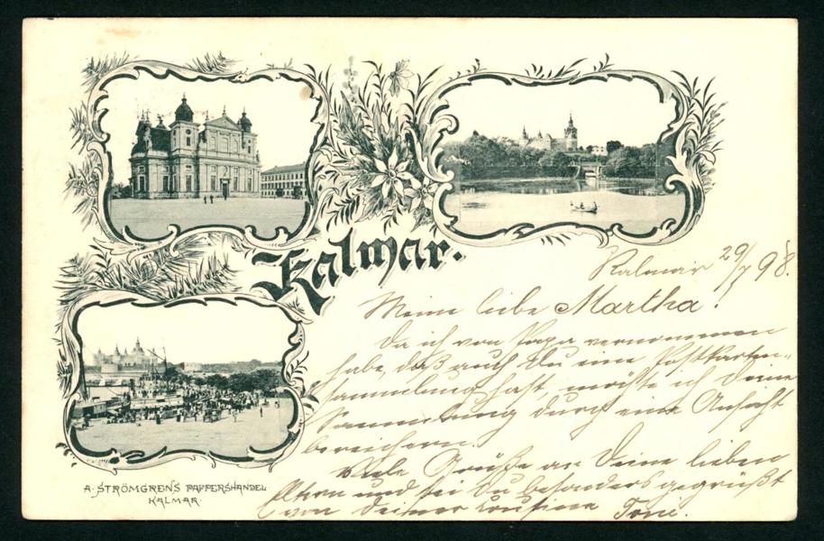 Kalmar. Flerbildskort skickat till Tyskland, stpl 1.8.1898