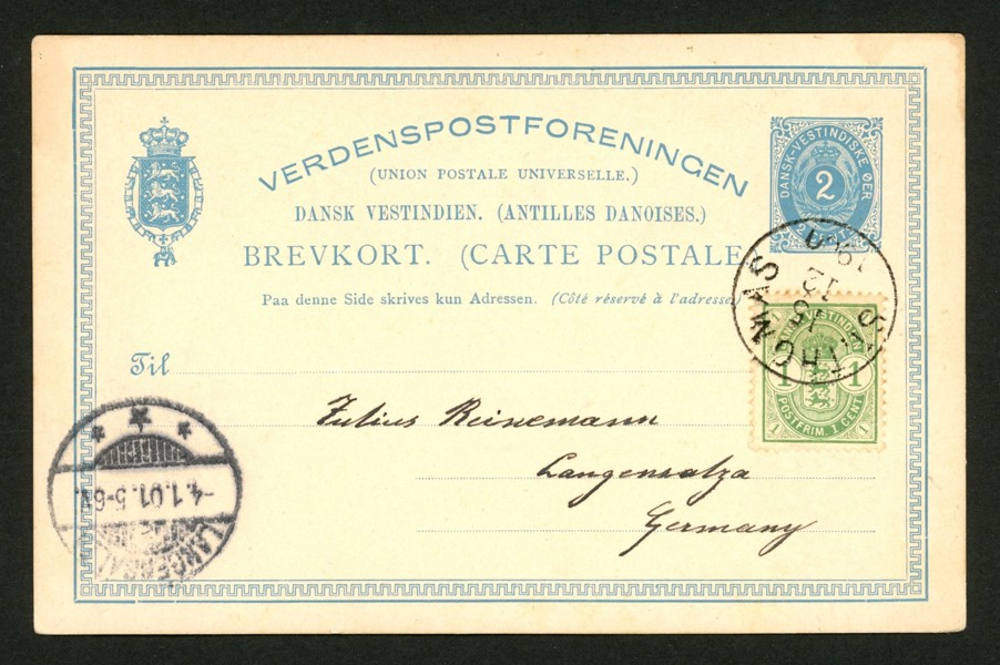 Bk4. Tilläggsfrankerat med 1 cent som korrekt porto till Tyskland, stpl ST.THOMAS 15.12.1900. Praktobjekt!