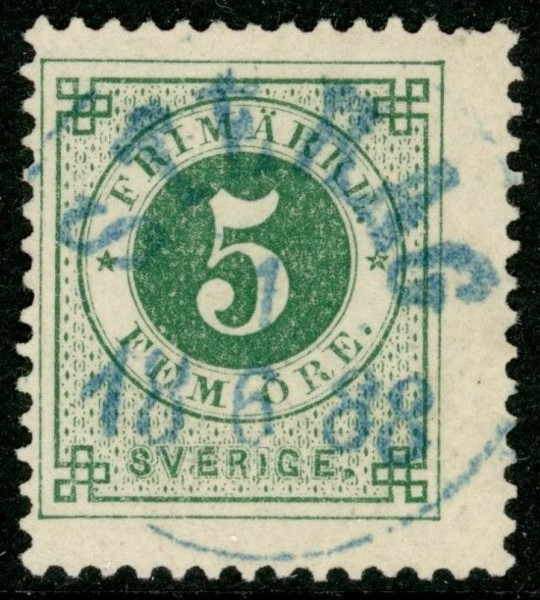 F43. STEHAG 1.6.1888 i blå färg. Kort tand.