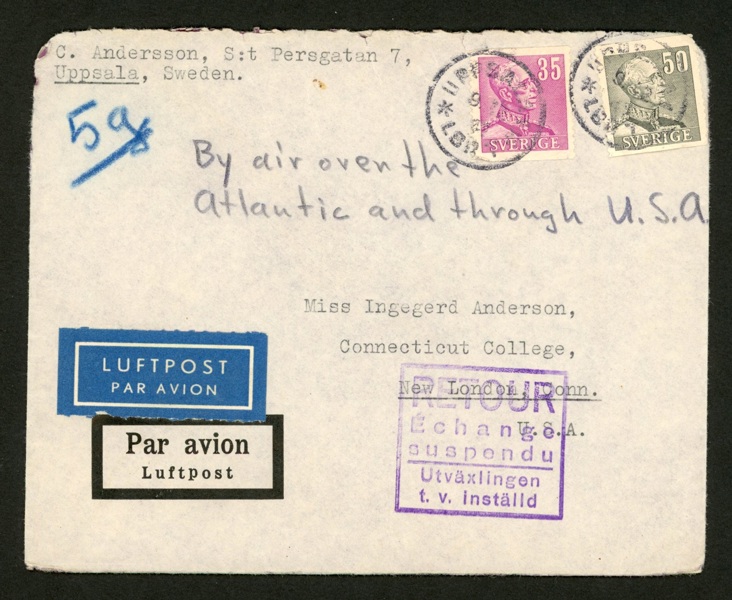 Luftpostbrev till USA stpl UPPSALA 9.12.41, returnerat till avsändaren med stpl "Utväxlingen t.v. inställd". Märkena med defekter.