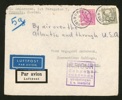 Luftpostbrev till USA stpl UPPSALA 9.12.41, returnerat till avsändaren med stpl "Utväxlingen t.v. inställd". Märkena med defekter.