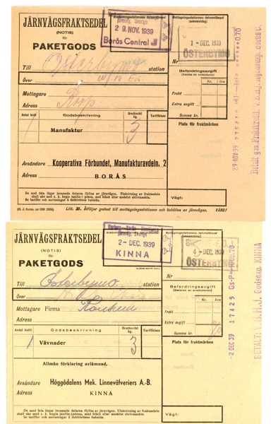 Järnvägsfraktsedlar. Två stk begagnade 1939. Se bild.