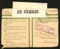 Kryptiskt brev skadat av havsvatten, lite oklart varifrån det sänts till Stockholm men innehållet på engelska antyder "In Egypt 22:nd March 1918". Svårtydda stämplar.