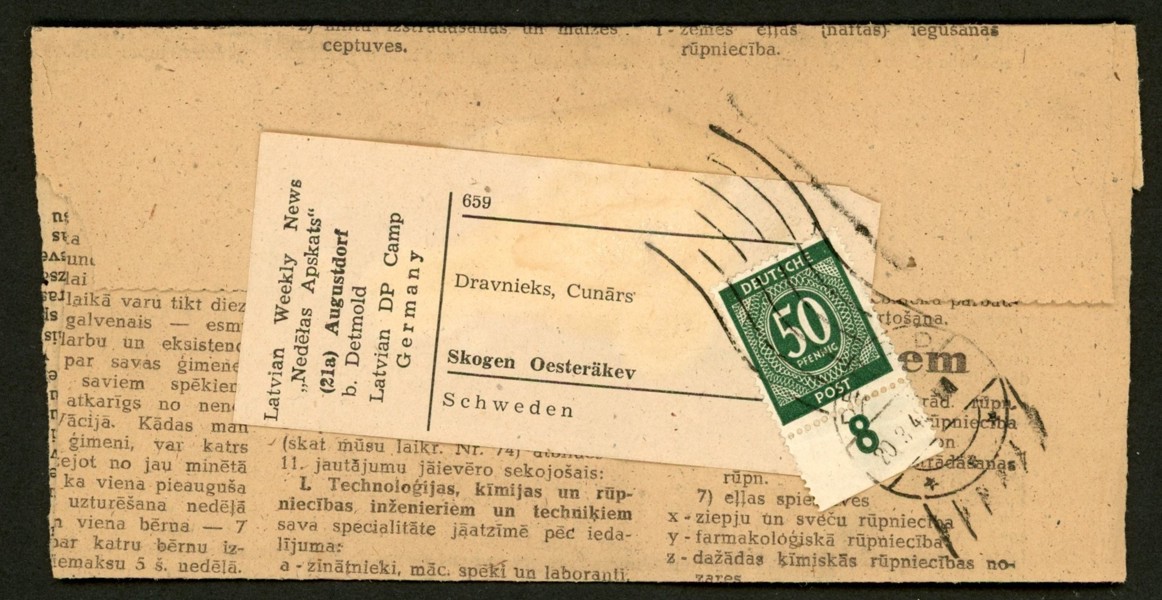 Tidningsurklipp sänt från "Latvian DP Camp" i Detmold, Tyskland till Sverige 1948. Stpl DETMOLD 20.3.48.