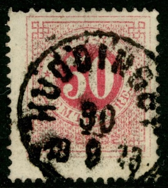 F26. HUDDINGBY 30.6.1878. Ovanlig stämpel. Tandningen är tvärtemot vad det ser ut felfri förutom en halvkort uppe t.v.