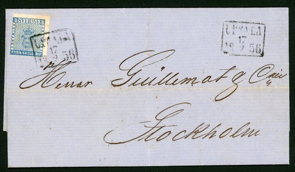 F2. Brev med 4 sk bco stpl UPSALA 17.2.1856. Attest Lasse Nielsen