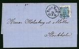 F9. Fint brev till Sthlm stpl BJÖRNLUNDA 21.3.1871 och bredvid PKXP Nr 4 samma datum. Ank-stpl 6.TUR på baksidan. Fint objekt!
