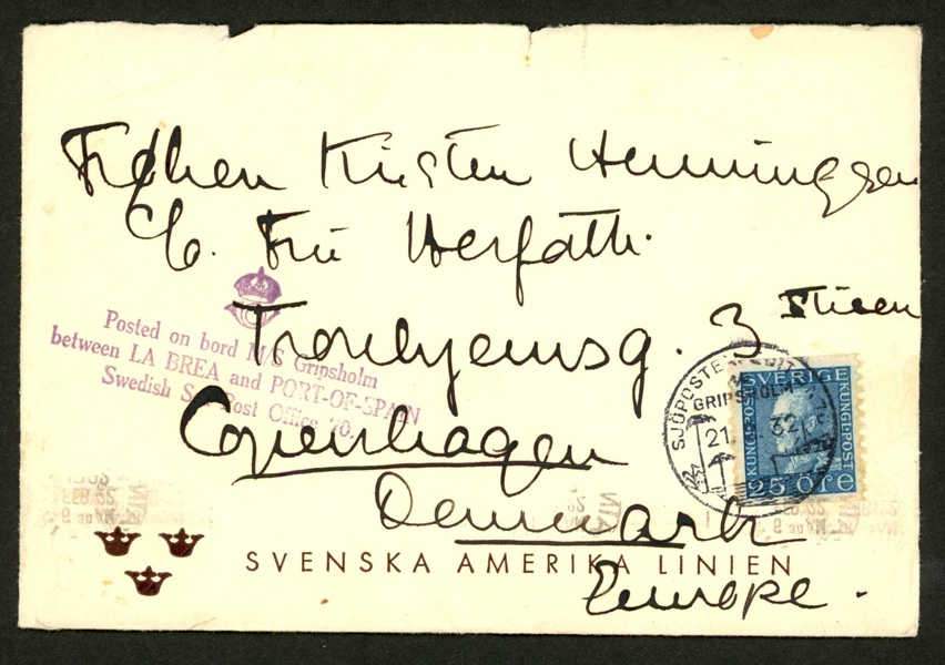 Gripsholm-brev till Danmark stpl 21.2.32 och transit PORT-OF-SPAIN TRINIDAD 22.2.32.