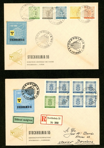 F471-75. 1.7.55. Vinjett B, från generaldirektören (vinjetten i guldfärg). Även minnespost F467-68 med samma vinjett.