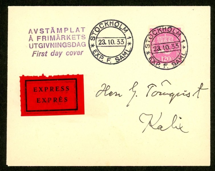 F172. 23.10.33. Utan vinjett, lyxstämplat STOCKHOLM 1 23.10.33. EXP. F. SAML.