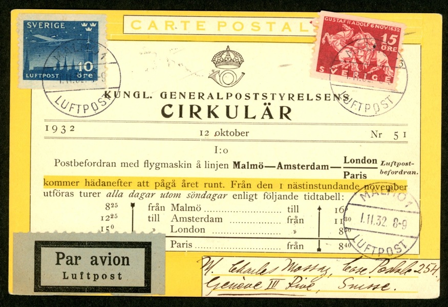 F235A (+231). Som luftpostbrev (kort) till Schweiz stpl MALMÖ 1 1.11.32 LUFTPOST. Ovanligt!