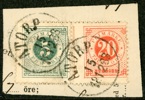 F33v8 (+F30). Klipp med felcentrerat ex 20 öre, stpl ÅTORP 15.12.1883