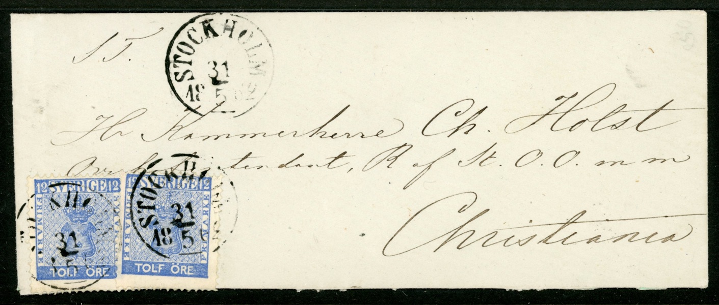 F9h1. Två ex som 24 öres porto på vackert brev till Norge, stpl STOCKHOLM 31.5.1862. Vackert objekt i hög kvalitet, sign O.P.