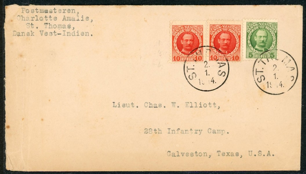 F41+42 (2 st) som 25 BIT frankering på brev till USA, stpl ST.THOMAS 2.1.1914