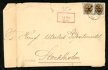 F27. Påtryck 8 Cents 1902 på 10 cents, i stpl men defekt par på medfaren brevframsida till Stockholm. Stpl ST.THOMAS 31.8.1903.