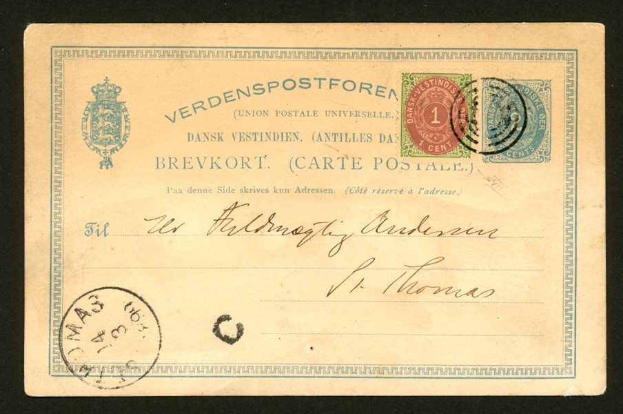 Brevkort 2 cents tilläggsfrankerat med 1 cent, skickat lokalt 1899. Makulerat med ringstämpel samt ank-stpl. Vackert objekt.