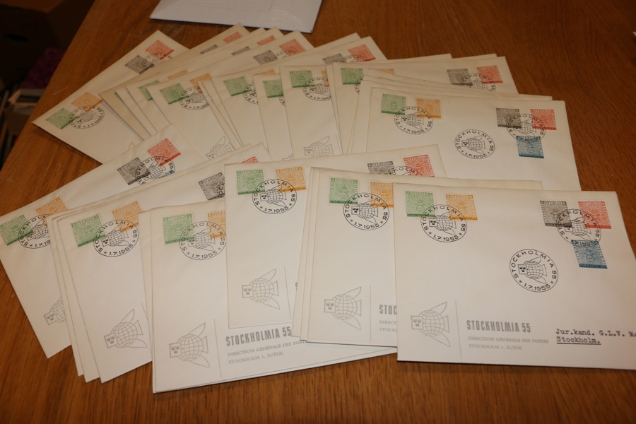 F471-75. 1.7.55. Stockholmia 55. Lot med 29 stk FDC, standardvinjett. F 2900 kr