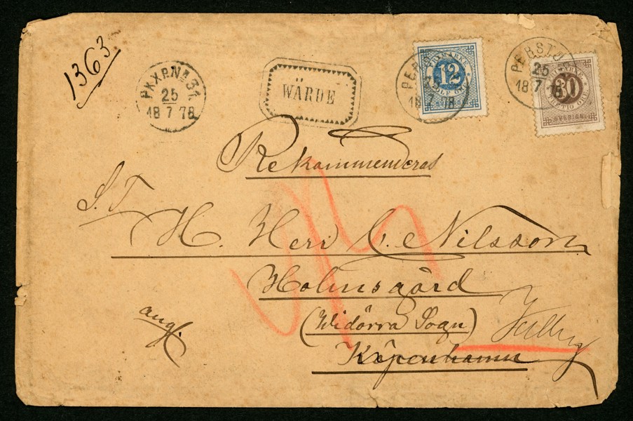 Något medfaret, rekommenderat brev till Danmark med 12+30 öre ringtyp t13. Stpl PERSTORP 25.7.1878 samt transit PKXP Nr 31 25.7.1878.