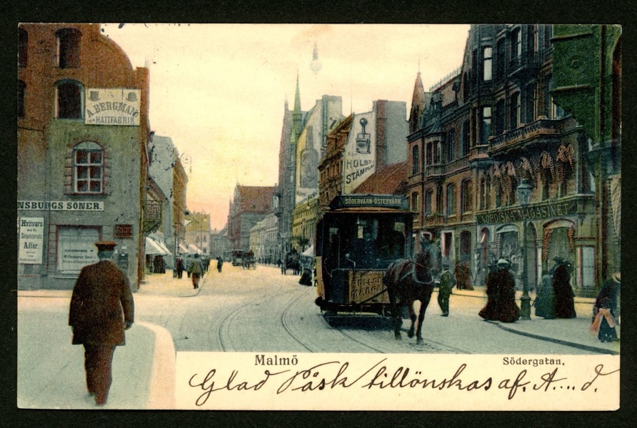 Malmö, Södergatan med hästdragen spårvagn. Postgånget -04.