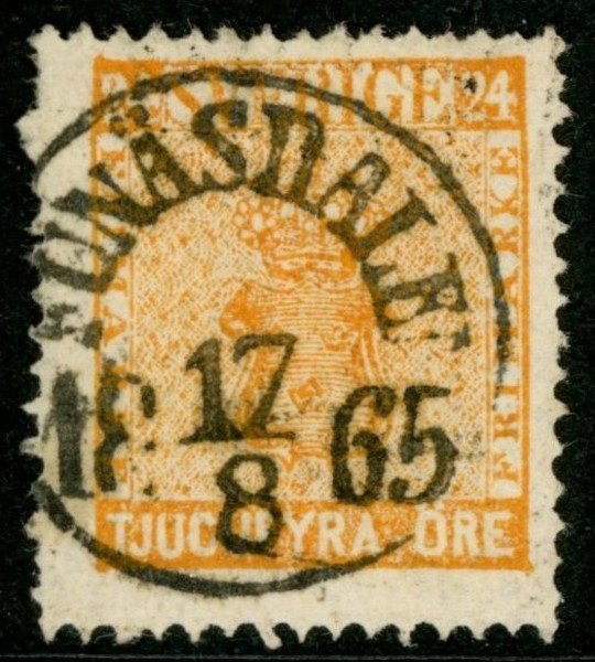 F10. FUNÄSDALEN 17.8.1865. Praktstämplat ex, dock ktt uppe t.v.