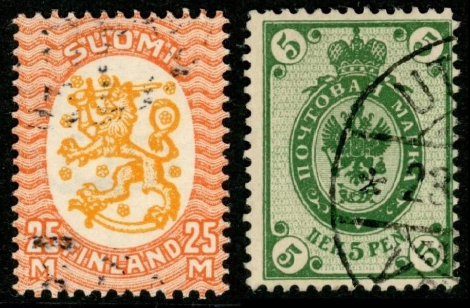 F134+48. 25 mk vm posthorn utan läsligt stämpelår (F 1800 kr) samt nödutgåvan 1901 (F 300 kr).