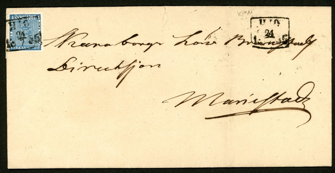 4 sk bco (runt hörn) på trevligt brev praktstämplat HJO 24.7.1855, dvs första månaden. Två cm riss i mitten upptill samt märket med runt hörn. Utan innehåll.