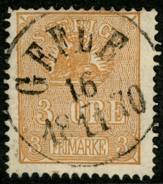 F14B. GEFLE 16.11.1870. Övre vänster hörntand bruten, men ett vackert märke.