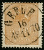 F14B. GEFLE 16.11.1870. Övre vänster hörntand bruten, men ett vackert märke.
