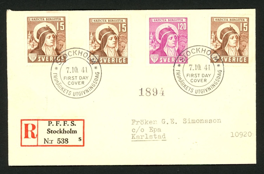 7.10.41. Heliga Birgitta på FDC med stpl STOCKHOLM.