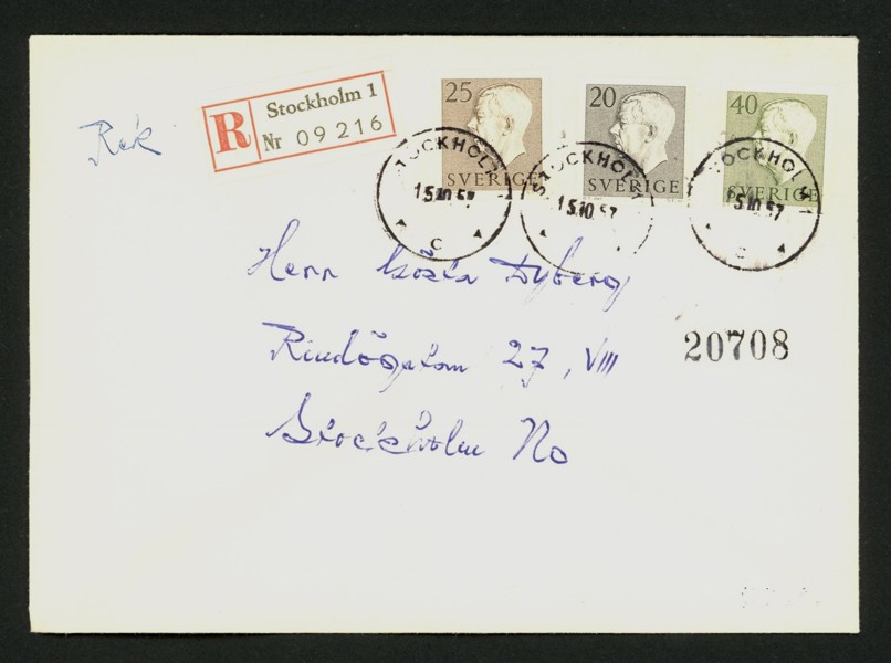 15.10.57. Tre valörer på privatgjort FDC skickat rek