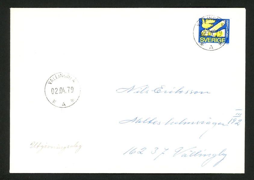 2.4.79. Privatgjort FDC med singel stpl VÄLLINGBY 4 02.04.79