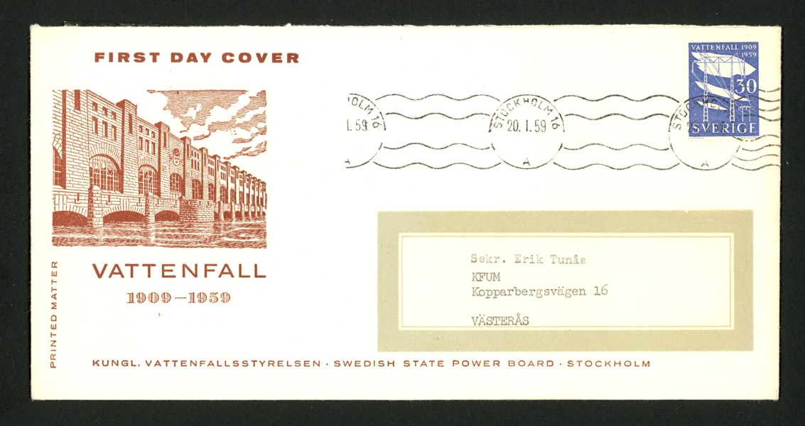 20.1.59. Singel 30 öre 2-s på brev med vinjett enl bild, stpl STOCKHOLM 16