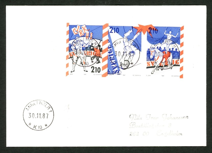 Cirkus 1987. Det otandade blocket från julgåvan med saknad gul färg, använt som porto på ett filatelistiskt brev. ÄNGELHOLM 1 30.11.87