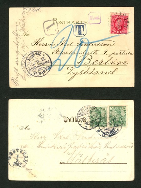 Lot med två vykort; ett lösenbelagt till Tyskland frankerat med 10 öre och sänt 1901, samt ett annat 1902 till samme mottagare nu i Sverige, från Tyskland.