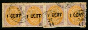 F23. Stämplat 4-strip på klipp, stpl ST. THOMAS 28.11.1888. F 12000 kr i praktiken 15000 kr eftersom de två första märken utgör ett par med rättvänd/omvänd ram (F 9000 kr). Sällsynt objekt!
