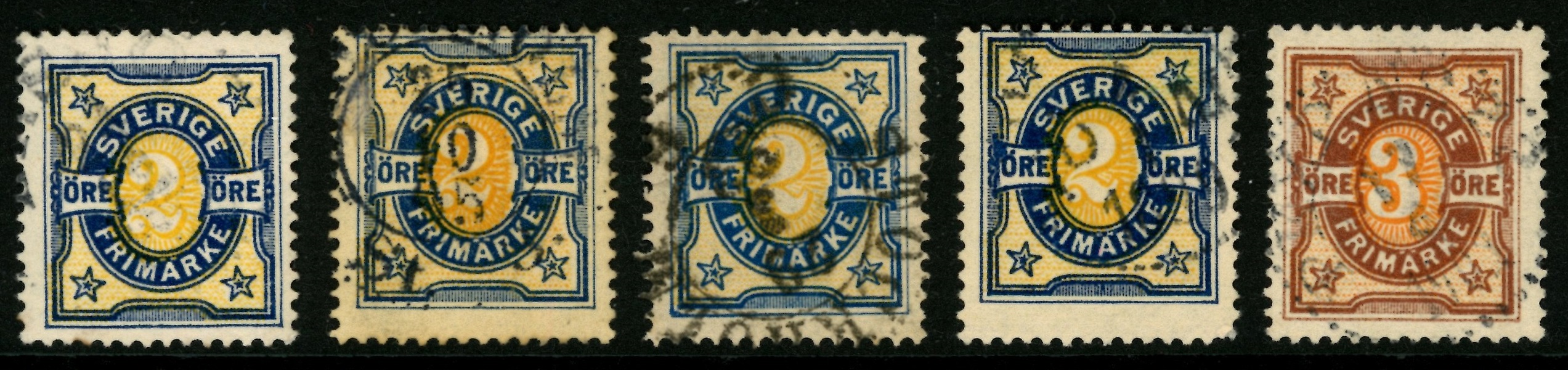 F62-63. Studielot fem märken med variant förskjuten värdesiffra.
