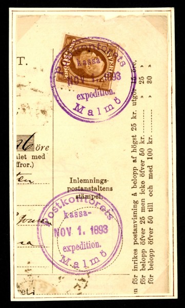 F58. Dekorativt klipp med stpl Postkontorets kassa-expedition Malmö NOV 1. 1893