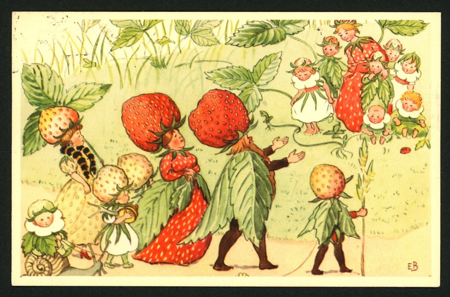 Elsa Beskow-kort nr 21, jordgubbsfamiljen. Postgånget -62.