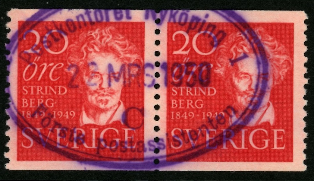 F385A (par). Ovalstämpel Postkontoret Nyköping 1 22 MRS 1950 Förste postassistenten.