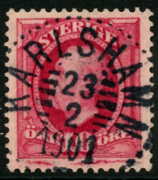 F54v. Extrem plåtspricka på praktstämplat ex KARLSHAMN 23.2.1901