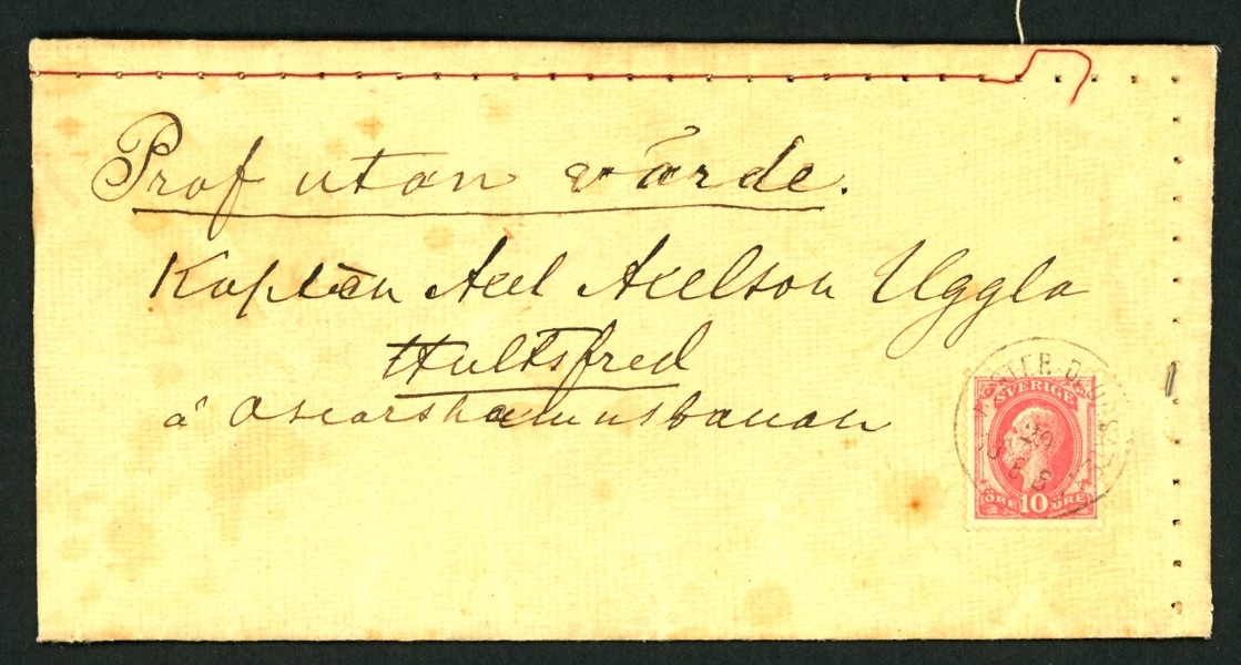 Varuprov. Vackert brev med påskrift "prof utan värde", frankerat med 10 öre boktryck stpl WESTER BJÖRSÄTER 29.8.1885. På baksidan transitstpl MARIESTAD samma datum. Sällsynt försändelse!