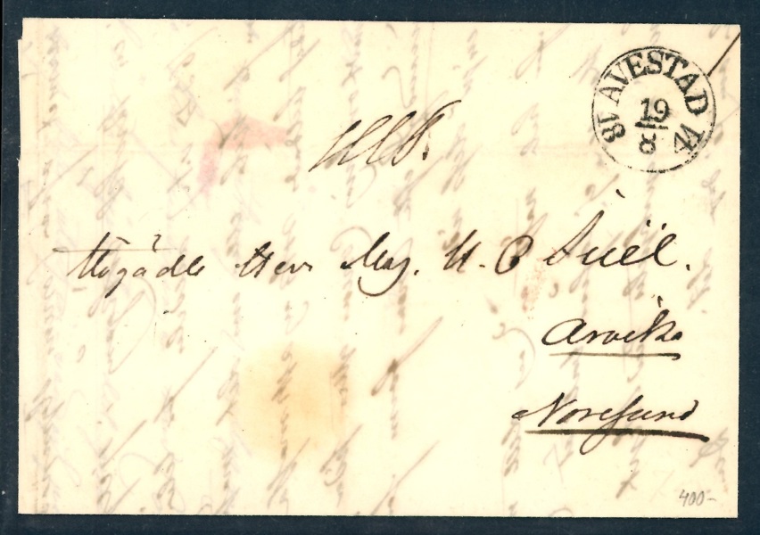 Förfilateli. Bågstämpel AVESTAD 19.8.1841 på vackert brev till Arvika. Postal 400 kr